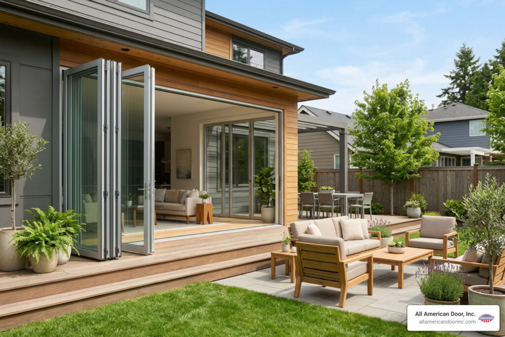 Milgard bi-fold patio doors opening to an outdoor patio