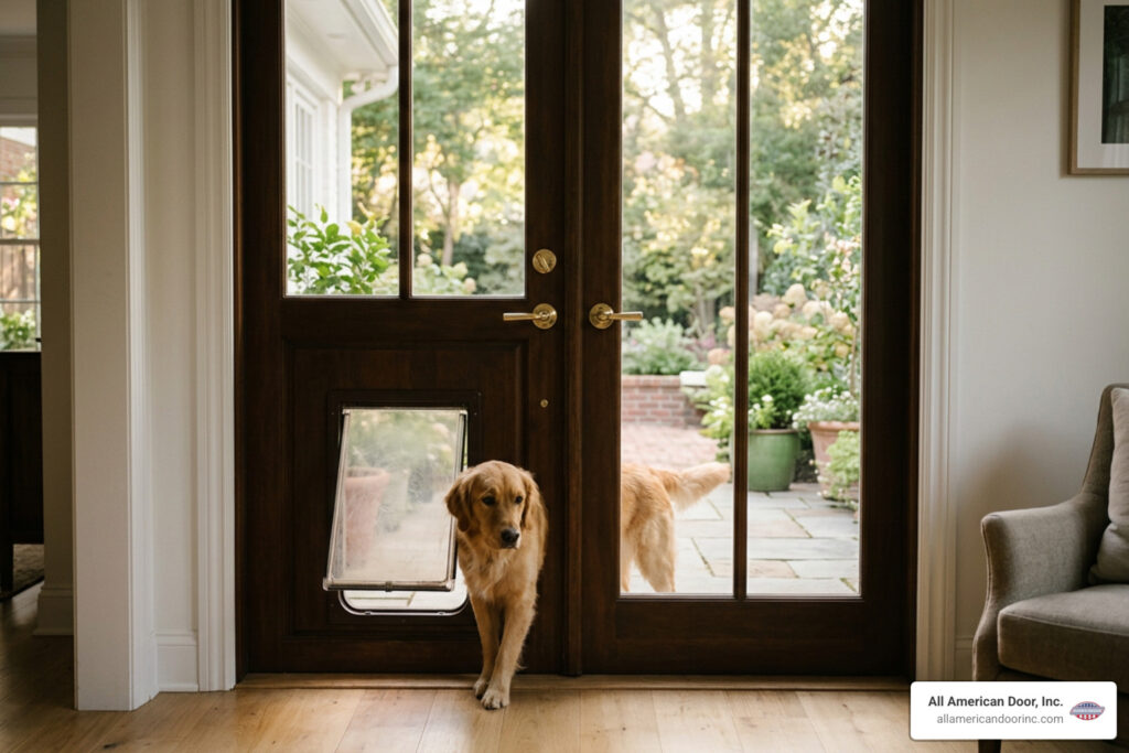 French door with dog door built in